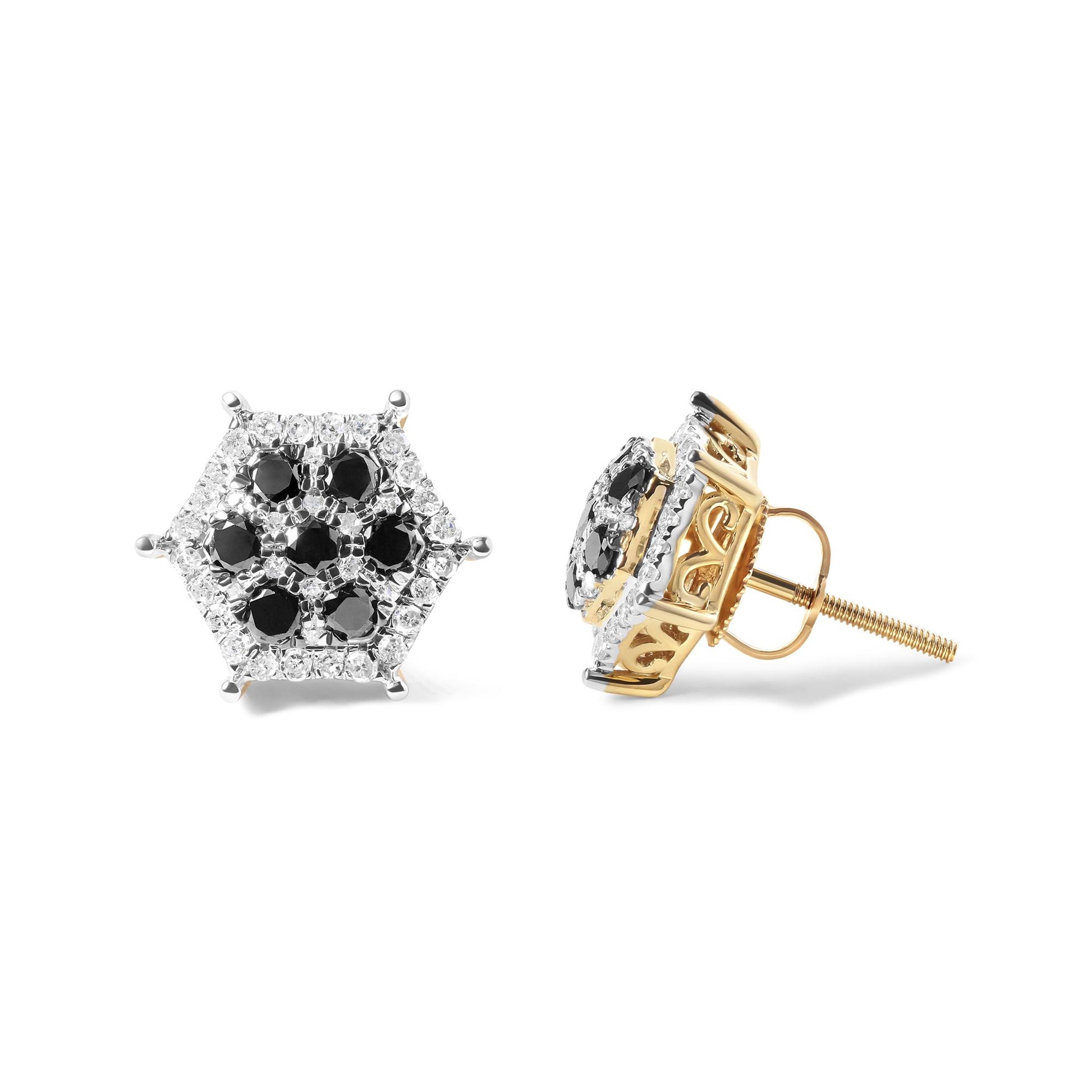 Pair of yellow metal hexagonal earrings with black and white gemstones in prong settings, shown from front and side angles.