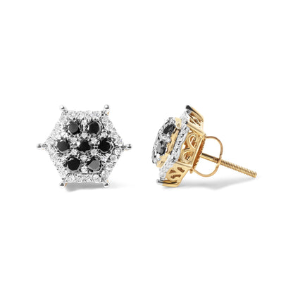 Pair of yellow metal hexagonal earrings with black and white gemstones in prong settings, shown from front and side angles.