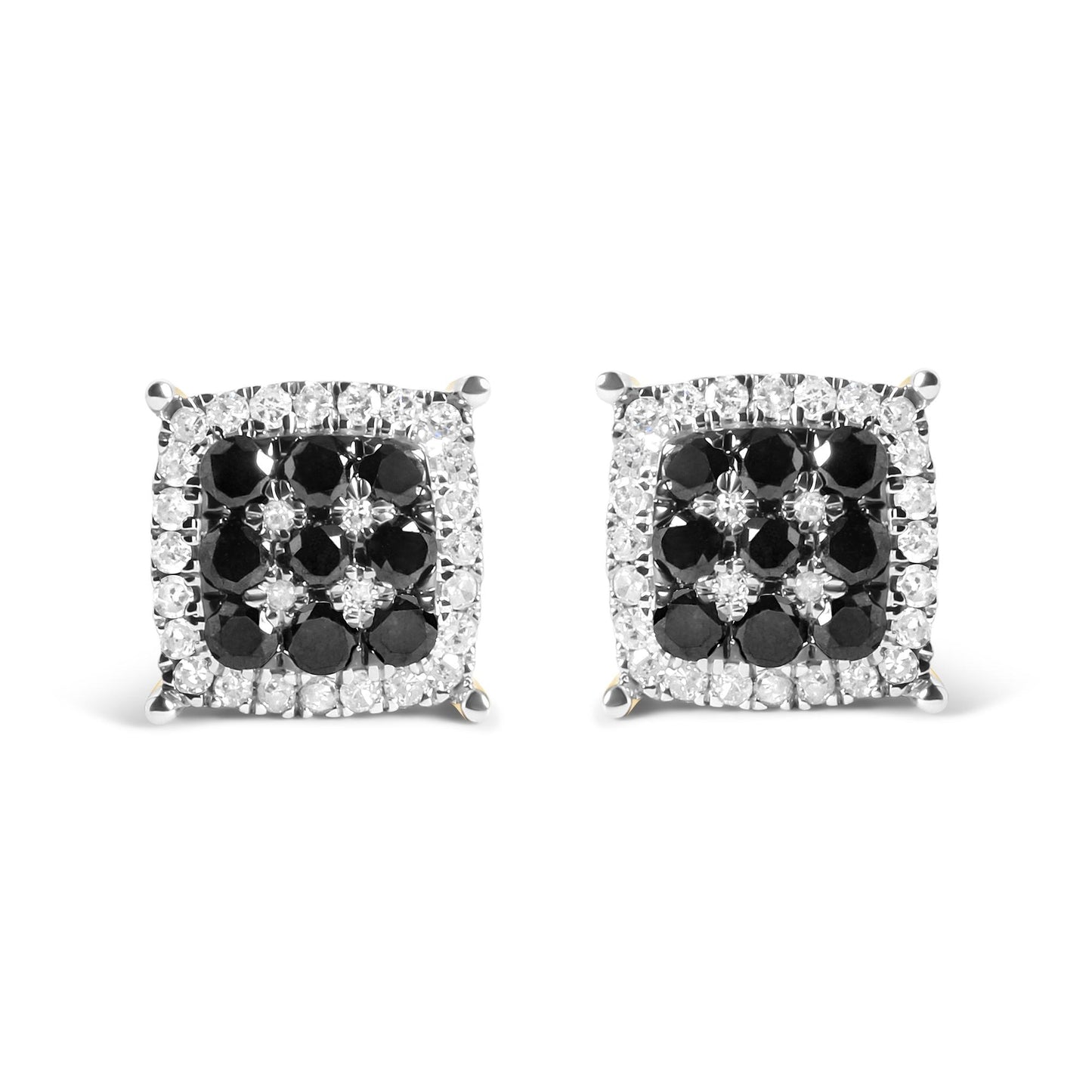 Front-facing view of a pair of yellow metal square earrings featuring prong-set round black gemstones in the center and surrounded by prong-set round white gemstones.