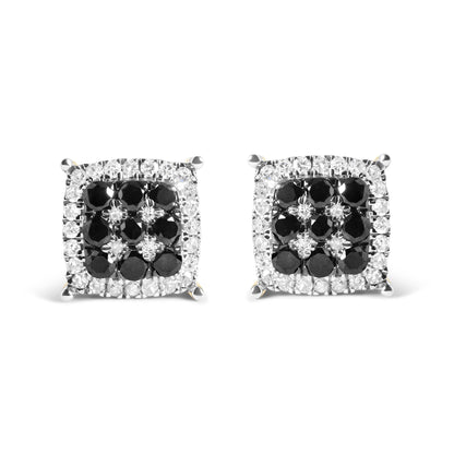 Front-facing view of a pair of yellow metal square earrings featuring prong-set round black gemstones in the center and surrounded by prong-set round white gemstones.