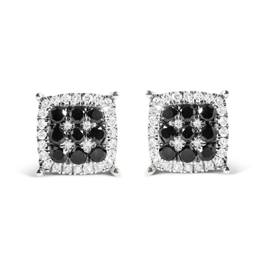 Front-facing view of a pair of yellow metal square earrings featuring prong-set round black gemstones in the center and surrounded by prong-set round white gemstones.
