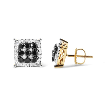 Front and side view of square yellow metal stud earrings featuring round black gemstones in the center and surrounded by white gemstones, with a screw-back post.
