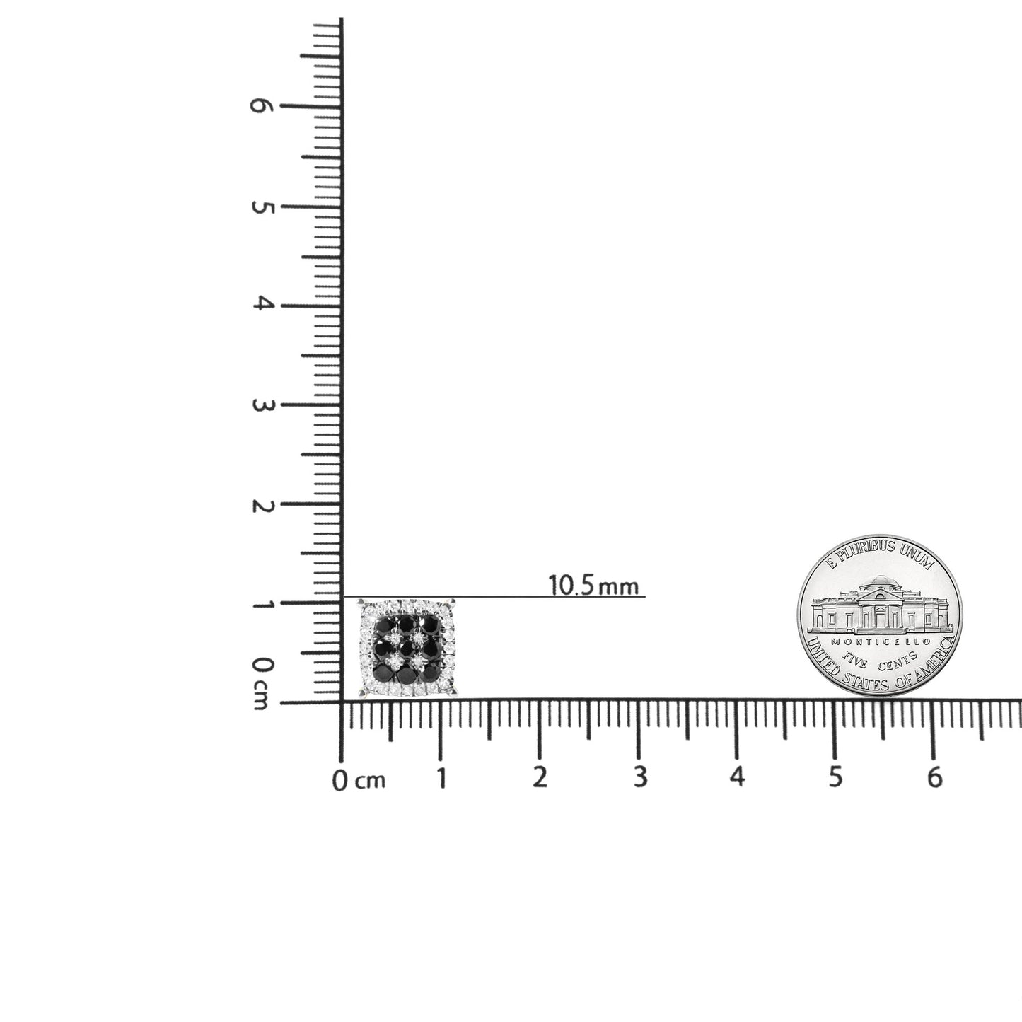 Square yellow metal stud earring with black and white gemstones in prong settings, shown on a ruler for size reference, front view.