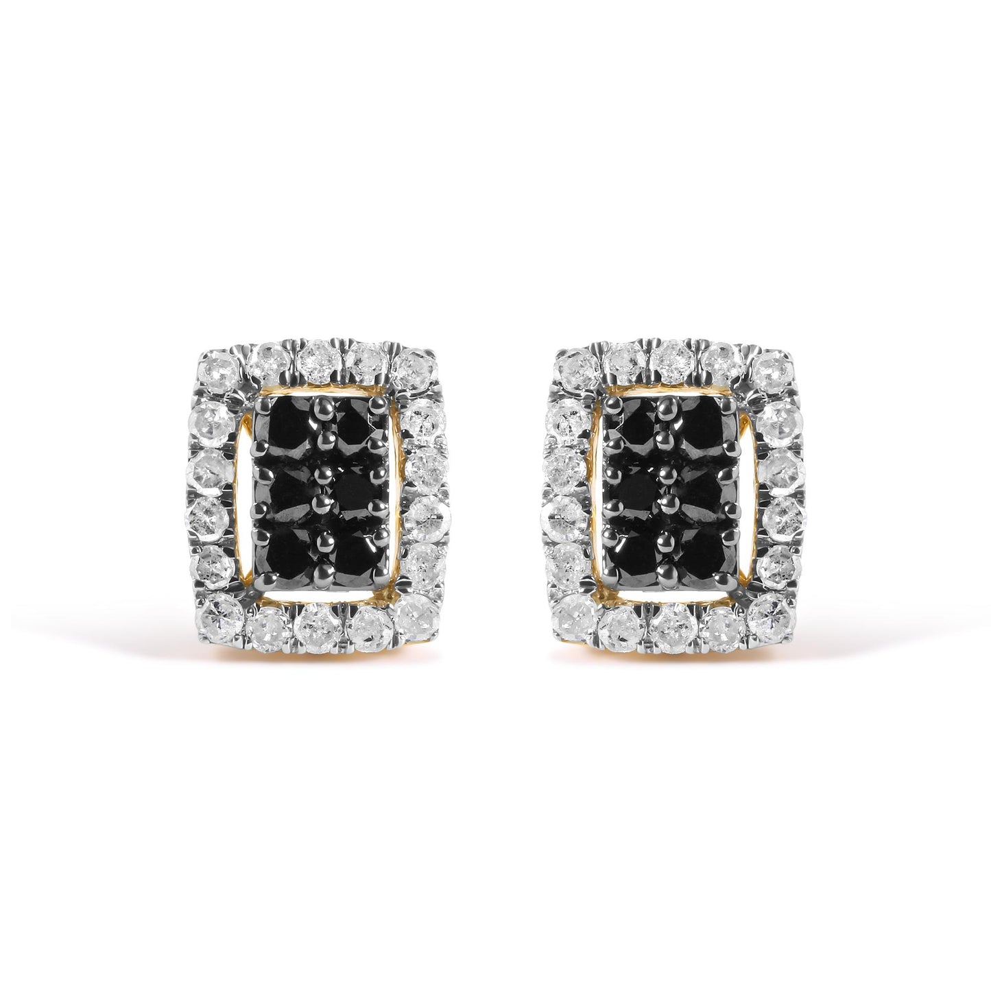 Front view of a pair of yellow metal square earrings with prong-set black and white round gemstones.