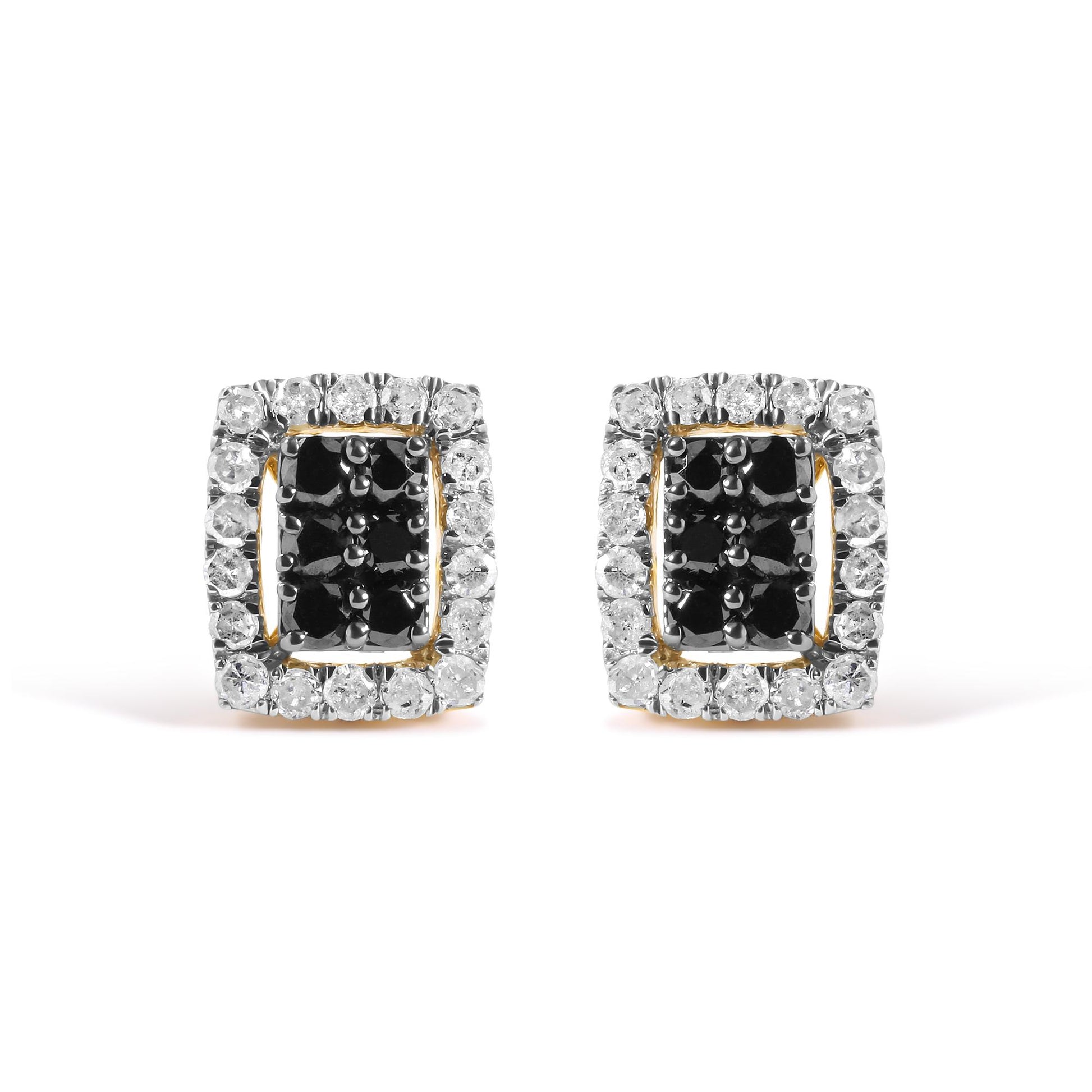 Front view of a pair of yellow metal square earrings with prong-set black and white round gemstones.