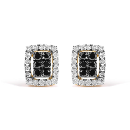 Front view of a pair of yellow metal square earrings with prong-set black and white round gemstones.
