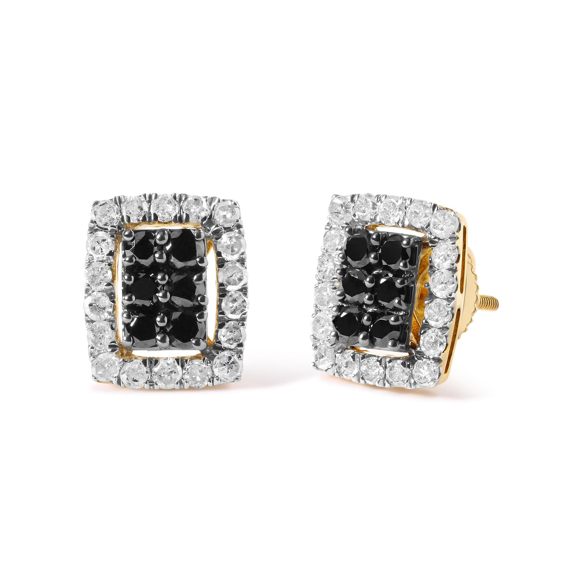 Pair of yellow metal earrings with round black gemstones set in the center, surrounded by white gemstones in a rectangular shape, shown in a front and angled side view.