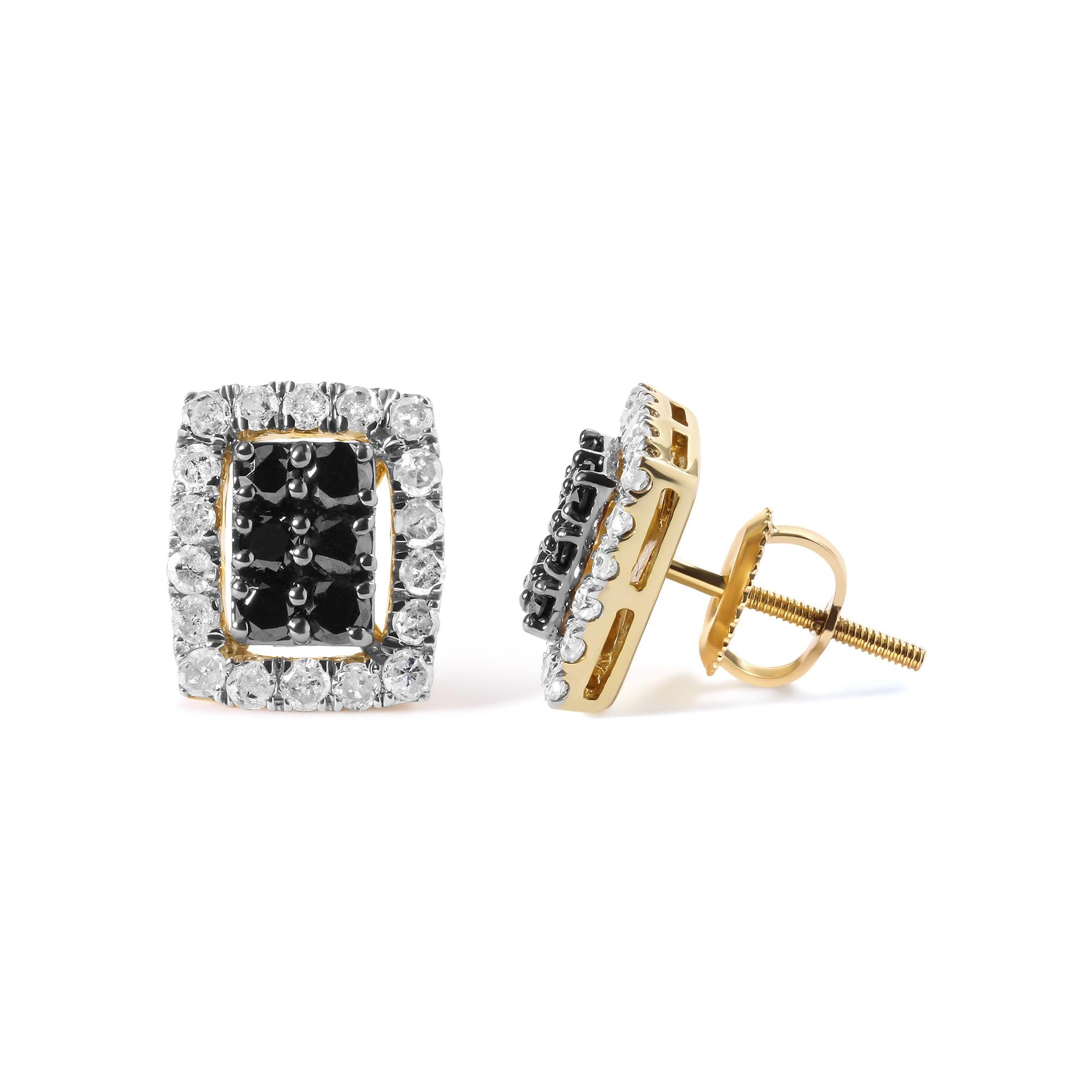 Front and side view of yellow metal square earrings with round black gemstones in the center and surrounded by white gemstones, shown on a white background.