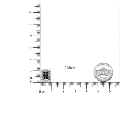 Yellow metal rectangular earring with black round gemstones in center surrounded by white round gemstones, shown on ruler for size reference, top-down view.