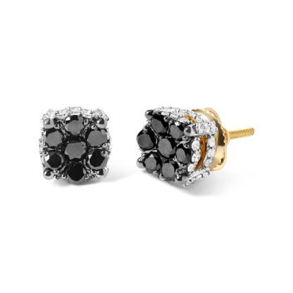 Close-up front and side view of yellow metal earrings featuring multiple round prong-set black and white gemstones.