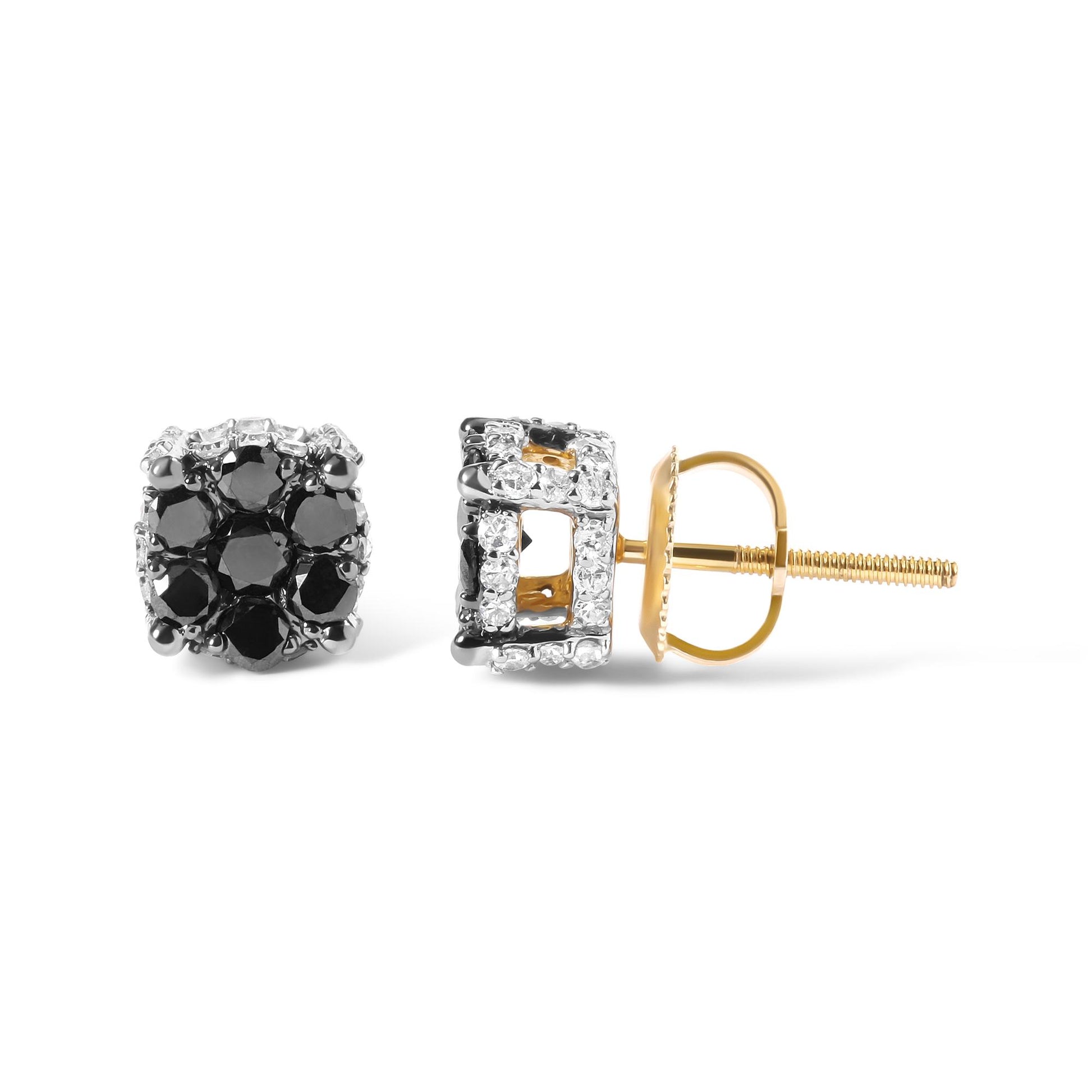 Pair of square yellow metal stud earrings with round black and white gemstones, shown from front and side angles on a white background.