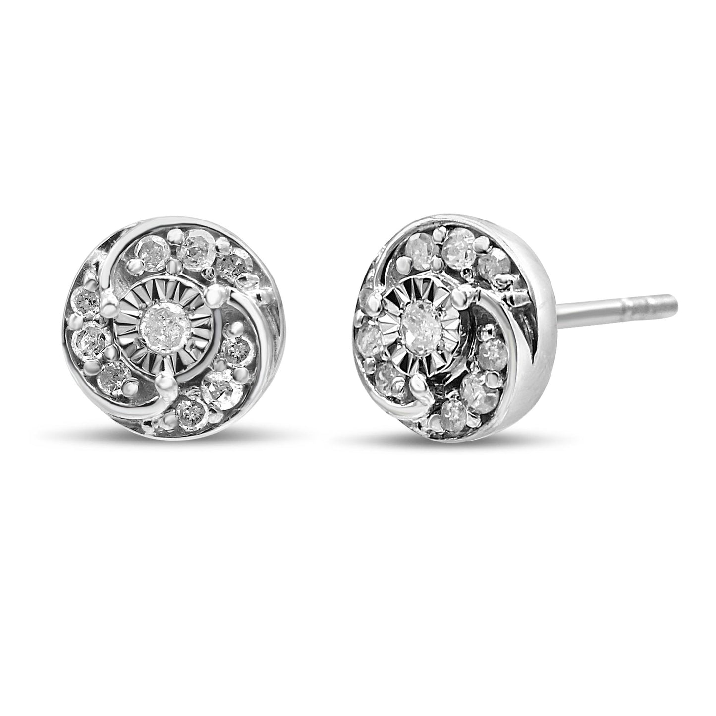 Pair of round white metal stud earrings with cluster of white gemstones in prong settings, shown from a front and slight side angle.