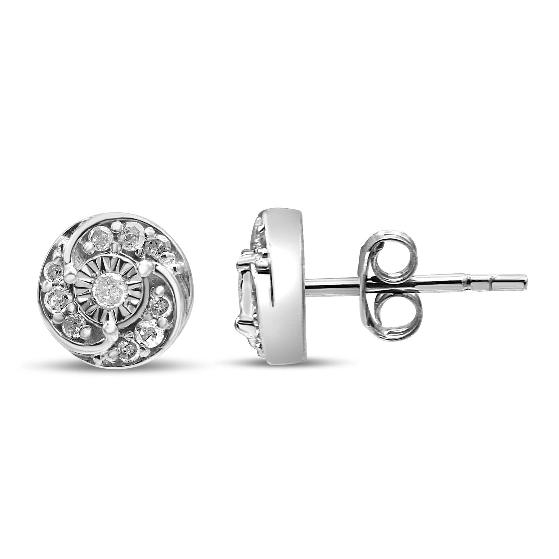 White metal round stud earrings with prong-set white gemstones in a swirl design, shown from front and side angles.