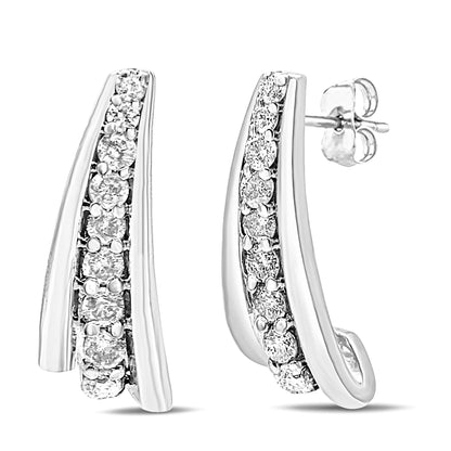 Close-up front and side view of white metal earrings with curved design featuring a row of round white gemstones in prong settings.