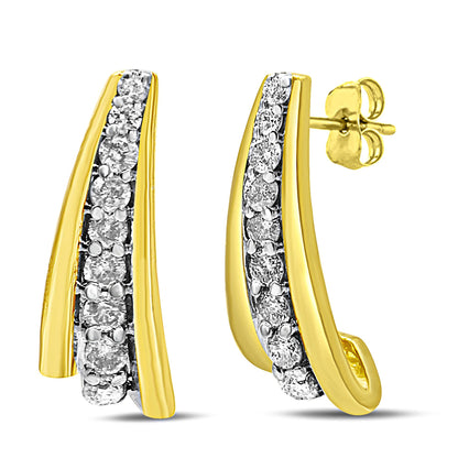 Pair of yellow metal earrings with a curved design featuring a row of round white gemstones in prong settings, shown from a front and side angle.