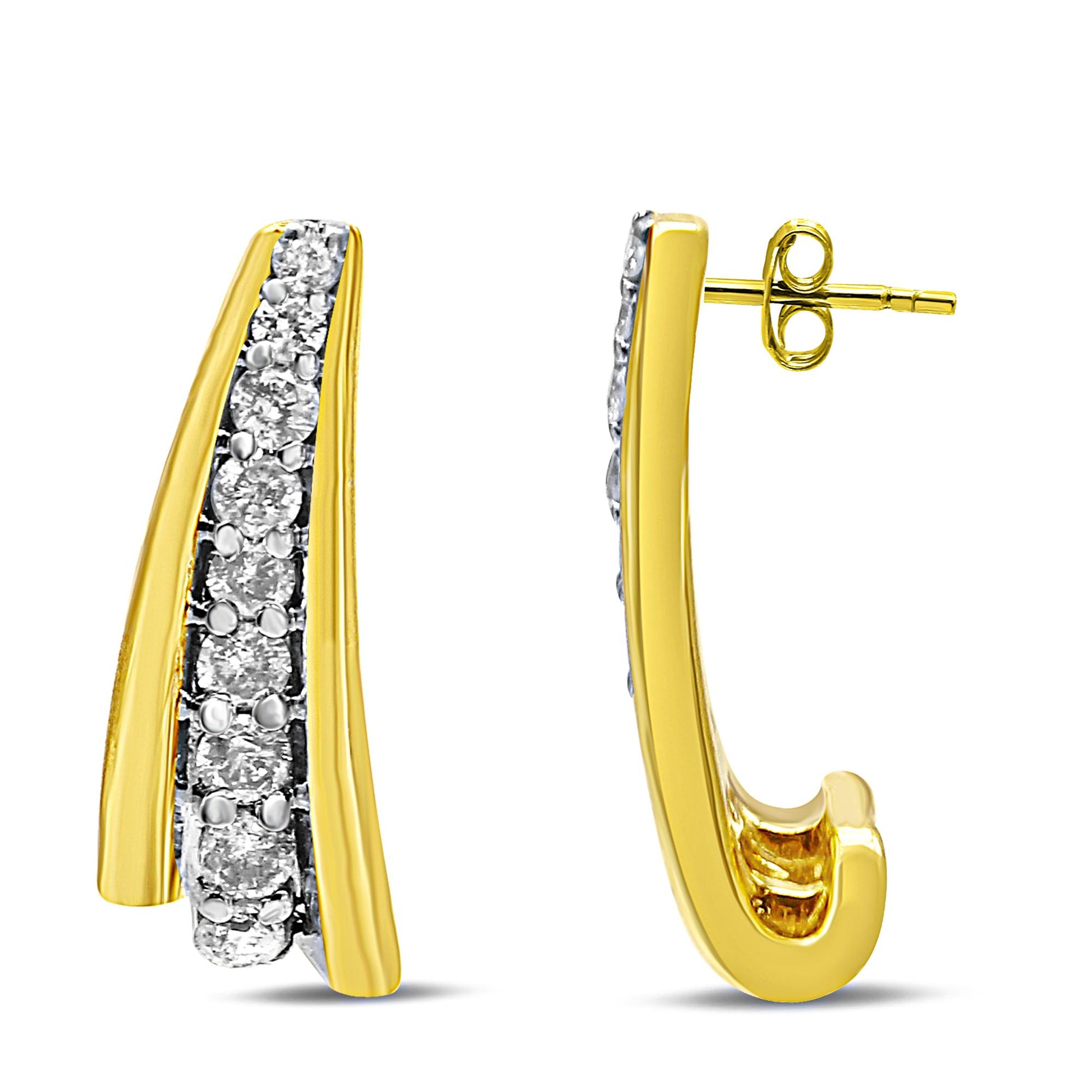 Pair of yellow metal earrings with a curved design featuring a row of round white gemstones in prong settings, shown from the front and side angles on a white background.