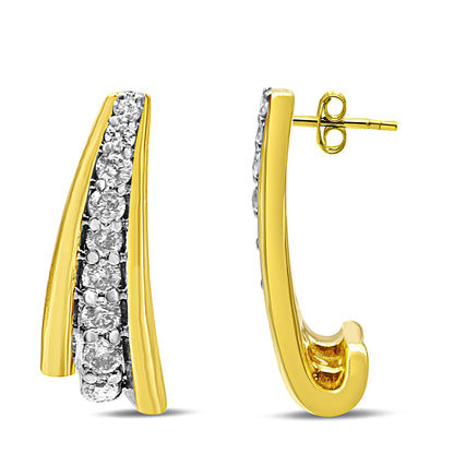 Pair of yellow metal earrings with a curved design featuring a row of round white gemstones in prong settings, shown from the front and side angles on a white background.