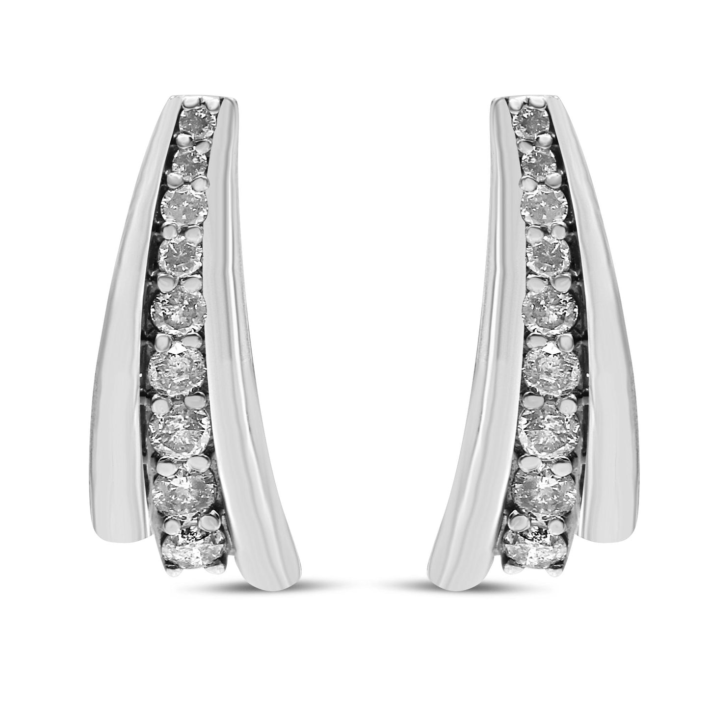 Pair of white metal earrings with a curved design, each featuring a row of round white gemstones in prong settings, shown from the front angle.