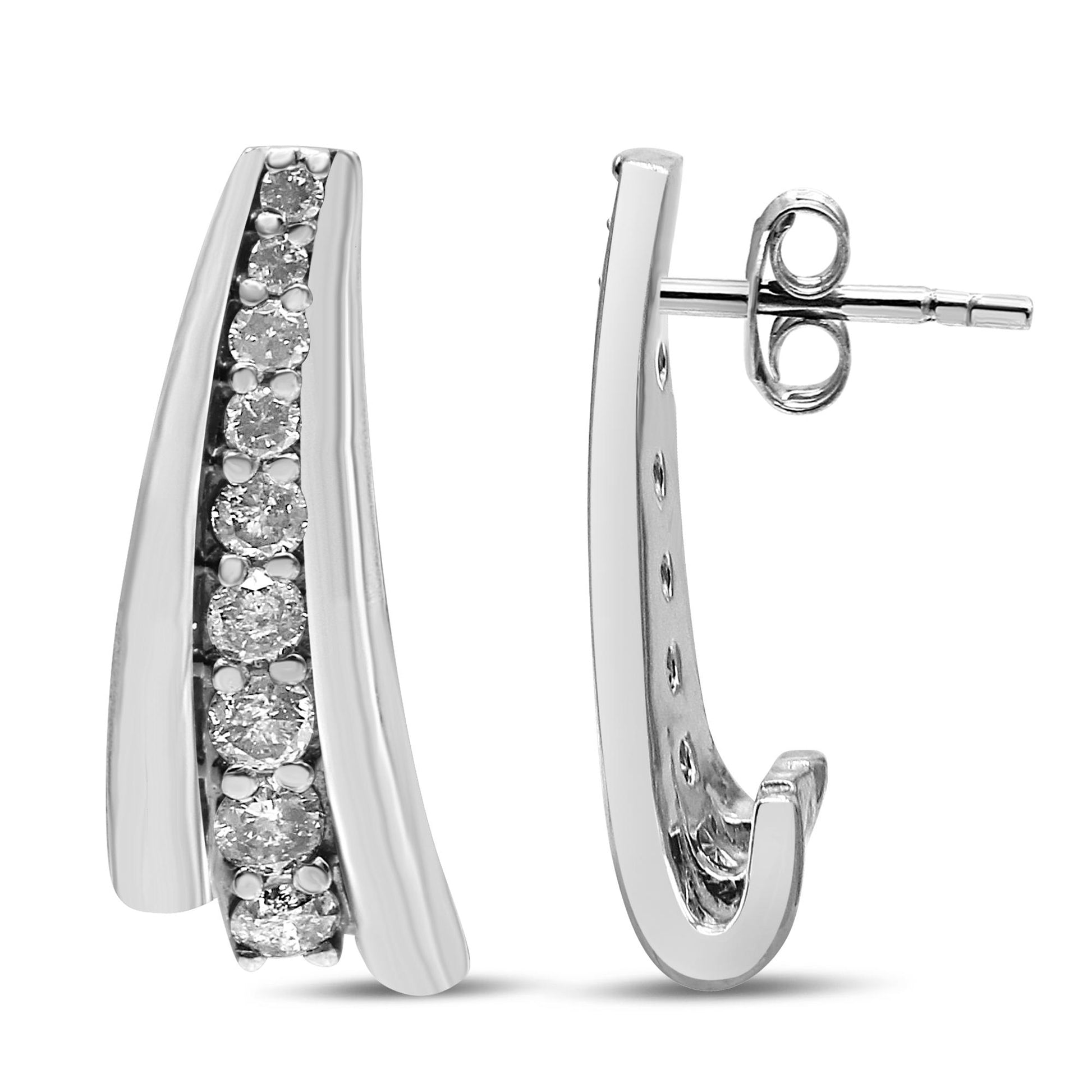 Front and side view of curved white metal earrings with a row of round white gemstones in prong settings, shown against a white background.