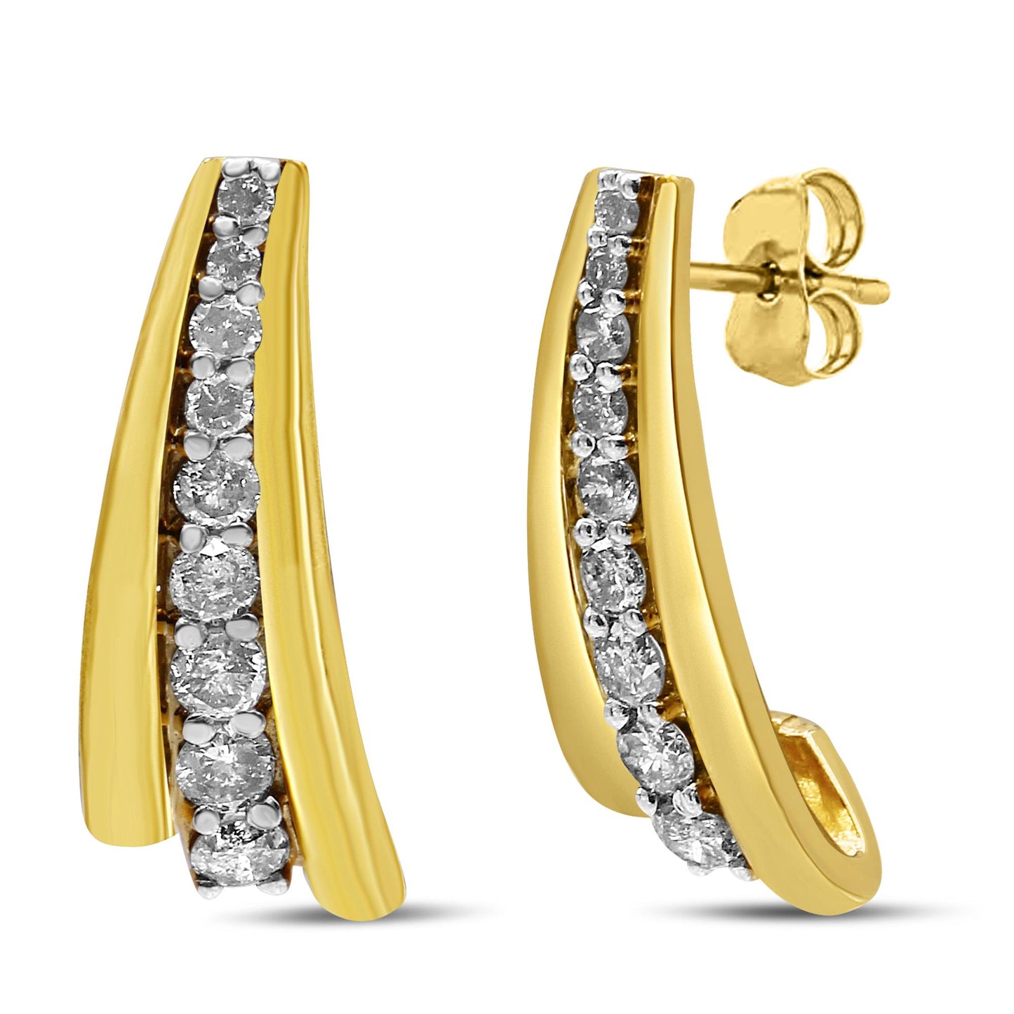 Pair of yellow metal earrings with a curved design, featuring a row of round white gemstones in prong settings, shown from a front and side angled view.