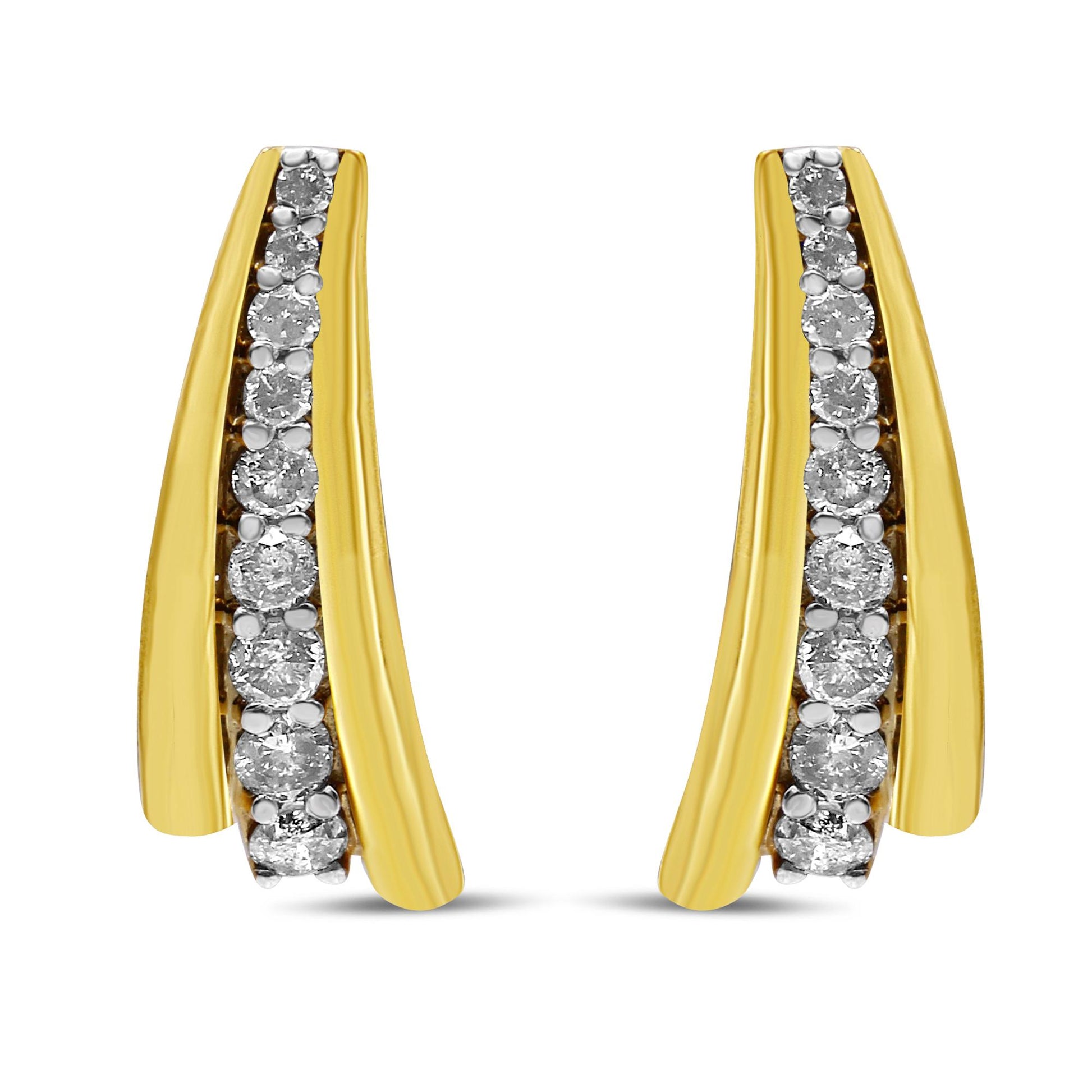 Pair of yellow metal earrings with a curved design featuring a row of round white gemstones in prong settings, shown from the front angle.