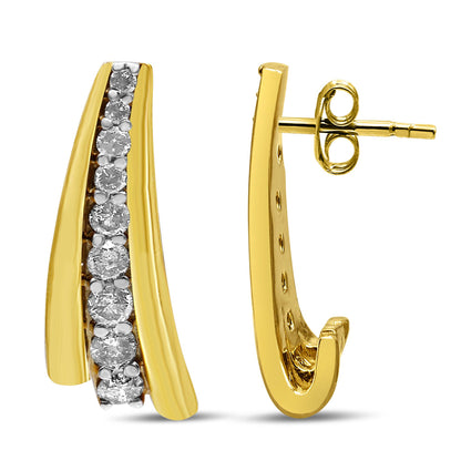 Pair of yellow metal earrings with a curved design featuring a row of round white gemstones in prong settings, shown from front and side angles on a white background.