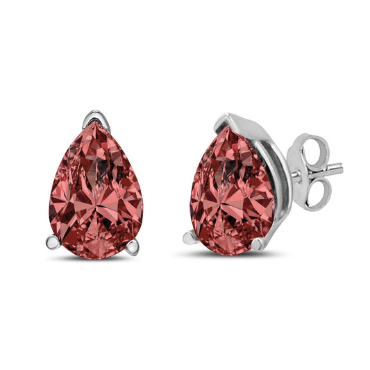 Pair of white metal earrings with pear-shaped pink gemstones in a 3-prong setting, shown from front and side angles on a white background.