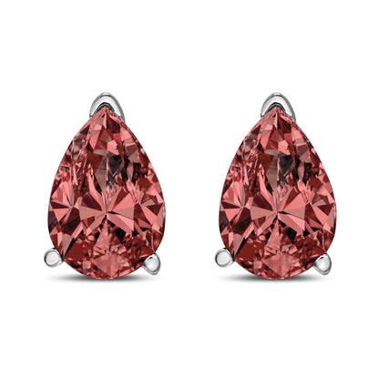 Front view of white metal earrings with pear-shaped pink gemstones in 3-prong settings.
