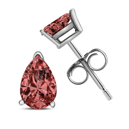 Close-up front and side view of white metal stud earrings with pear-shaped pink gemstones in 3-prong settings.
