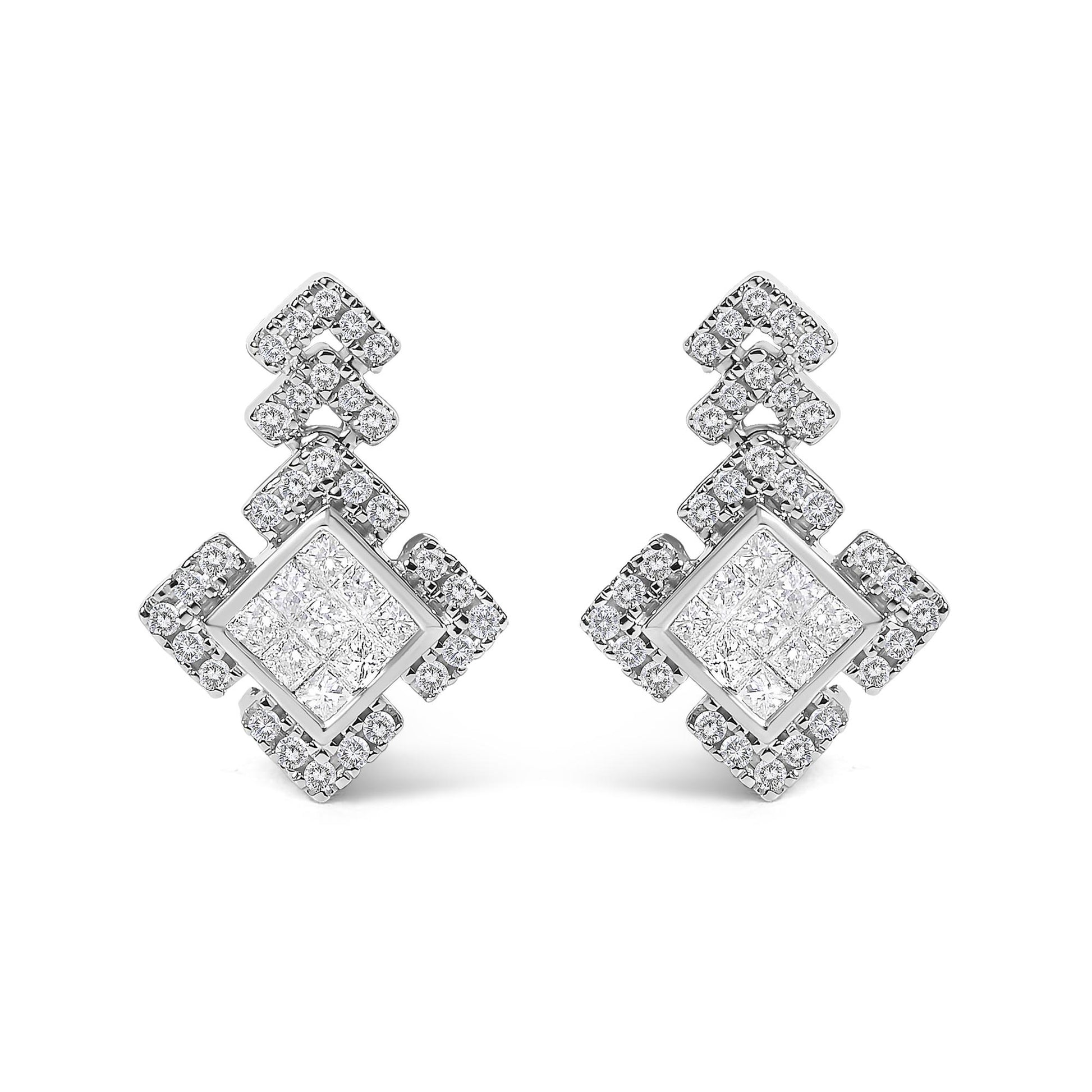 10K White Gold 3/5 Cttw Princess Diamond Geometric Drop Earrings