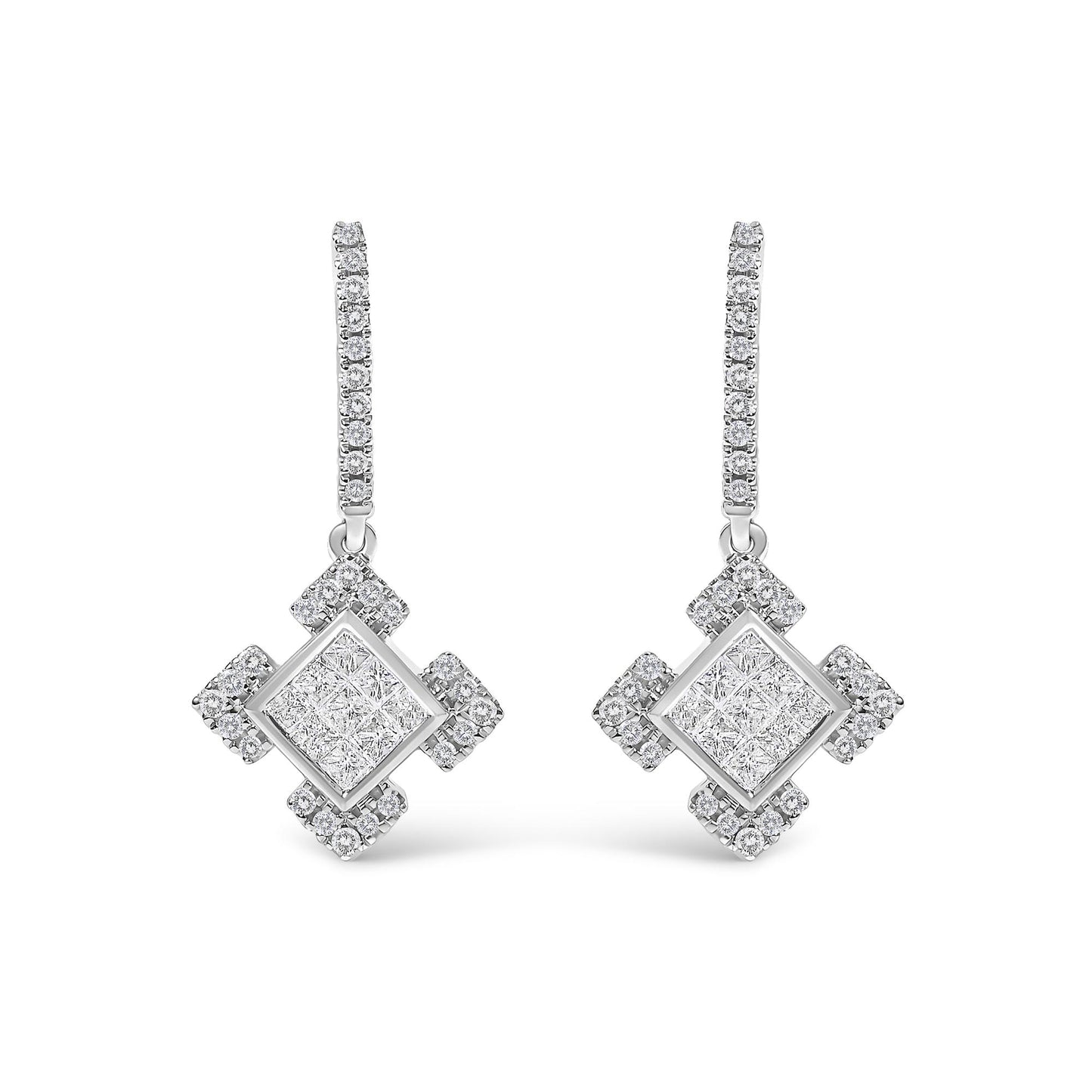 Pair of white metal earrings shown from the front on a white background, featuring elongated hoops adorned with round white gemstones in prong settings, and hanging pendants with large square centers composed of invisible-set princess-shaped white gemstones, surrounded by clusters of round white gemstones.