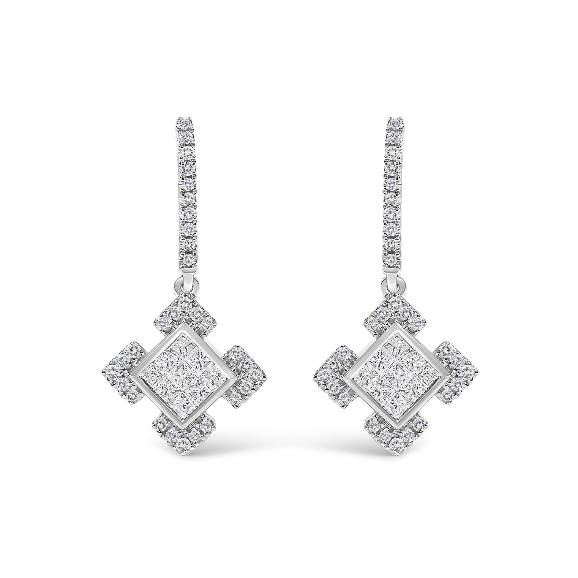 Pair of white metal earrings shown from the front on a white background, featuring elongated hoops adorned with round white gemstones in prong settings, and hanging pendants with large square centers composed of invisible-set princess-shaped white gemstones, surrounded by clusters of round white gemstones.