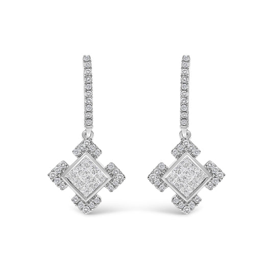 Pair of white metal earrings shown from the front on a white background, featuring elongated hoops adorned with round white gemstones in prong settings, and hanging pendants with large square centers composed of invisible-set princess-shaped white gemstones, surrounded by clusters of round white gemstones.