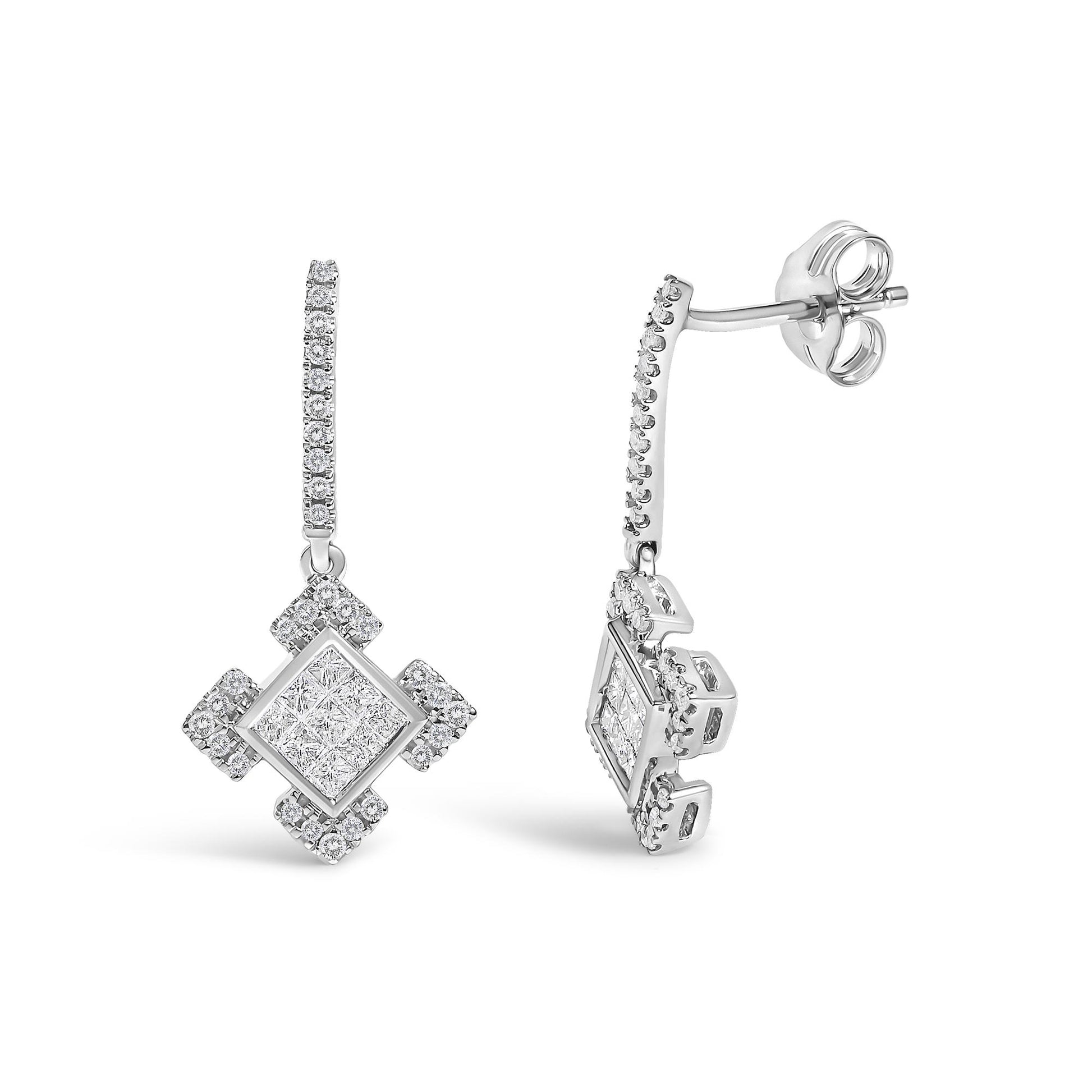 Close-up front and side angle of white metal dangling earrings with vertical rows of round white gemstones and a central square-shaped cluster of princess-cut white gemstones surrounded by smaller round white gemstones.