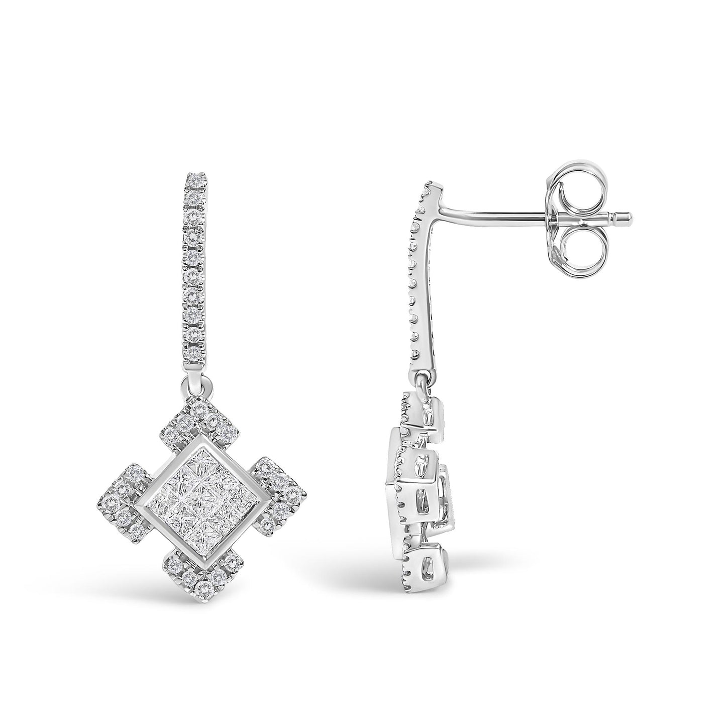Close-up side and front angle of white metal earrings featuring a geometric pendant with princess-shaped white gemstones in an invisible setting surrounded by round white gemstones in prong settings.