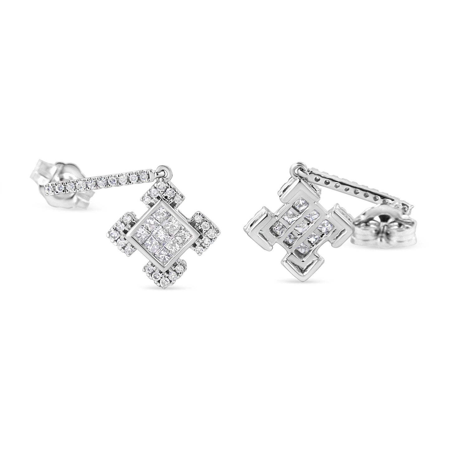 Close-up front angle view of a pair of white metal stud earrings featuring square shapes with invisible-set princess white gemstones surrounded by round white gemstones in 4-prong settings. The earrings are shown on a white background.