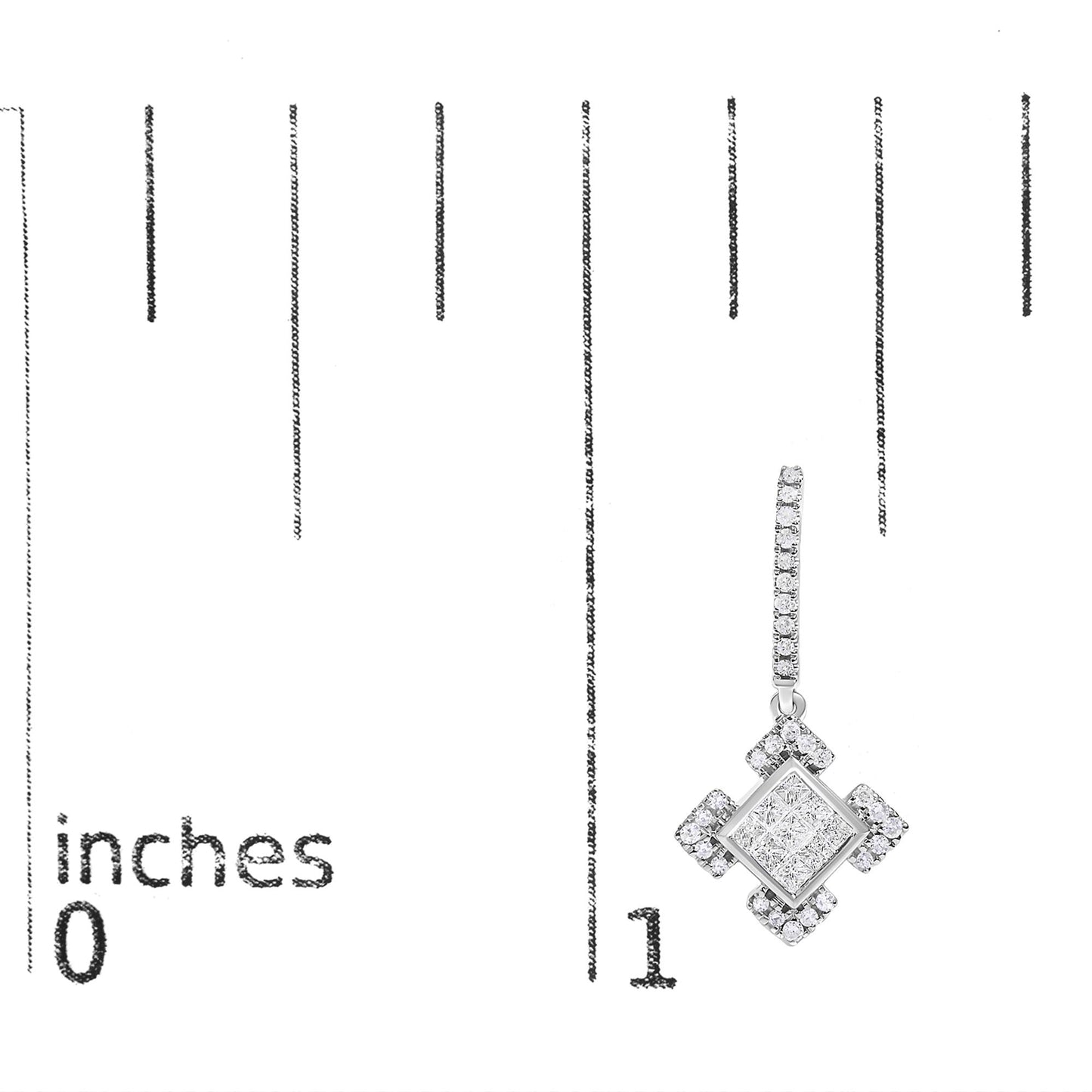 Close-up front angle of a white metal earring featuring a central princess-shaped cluster of white gemstones with invisible setting, surrounded by smaller round white gemstones in 4-prong settings, shown on a scale.