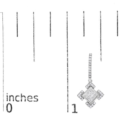 Close-up front angle of a white metal earring featuring a central princess-shaped cluster of white gemstones with invisible setting, surrounded by smaller round white gemstones in 4-prong settings, shown on a scale.