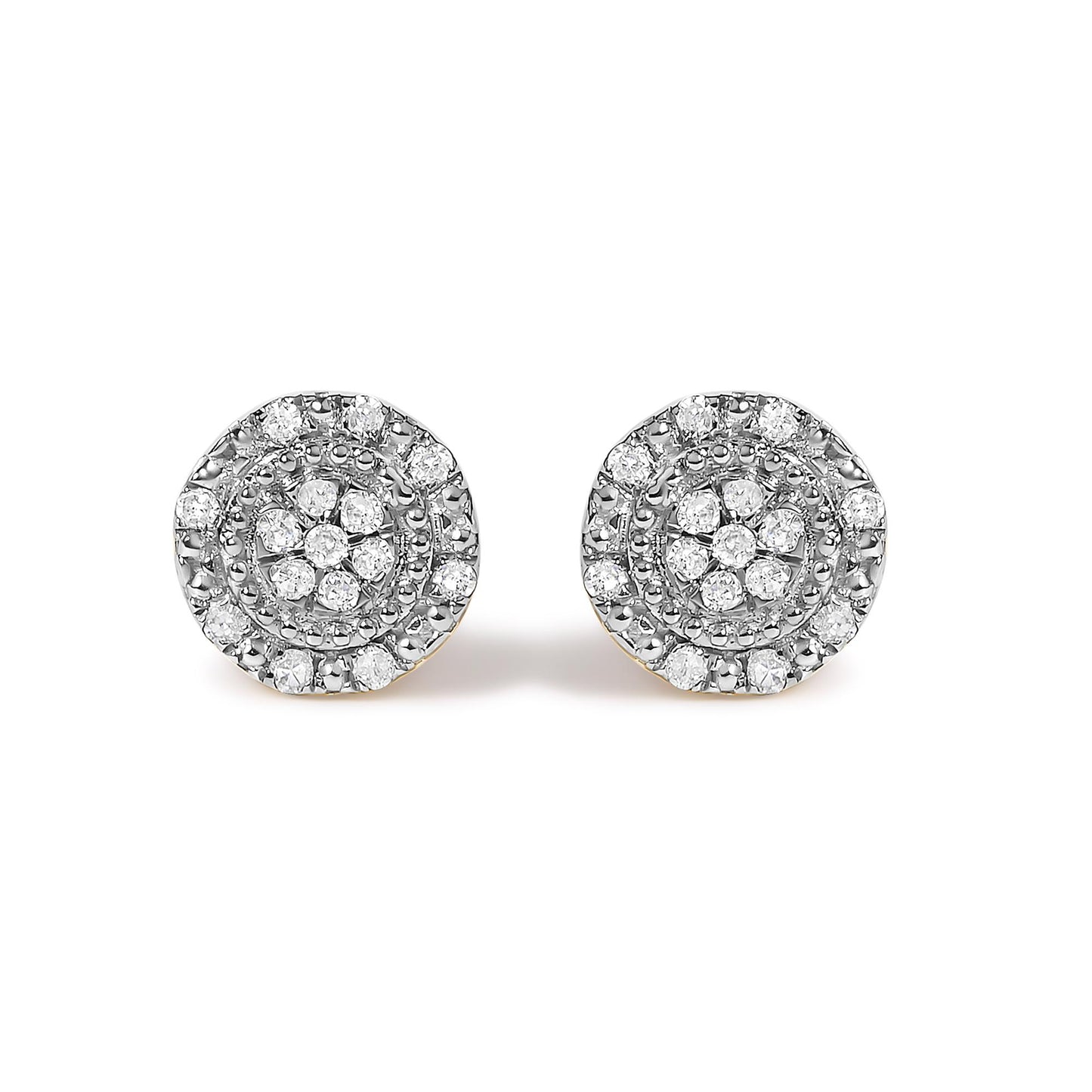 Close-up front view of a pair of round yellow metal earrings featuring multiple round white gemstones in prong settings arranged in concentric circles, shown on a white background.