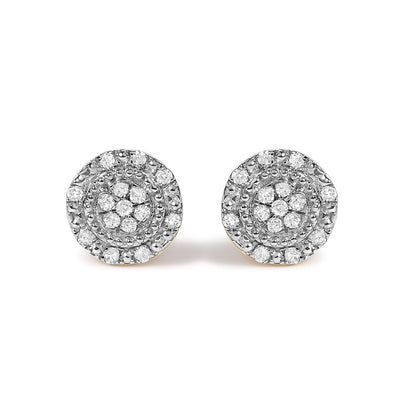 Close-up front view of a pair of round yellow metal earrings featuring multiple round white gemstones in prong settings arranged in concentric circles, shown on a white background.