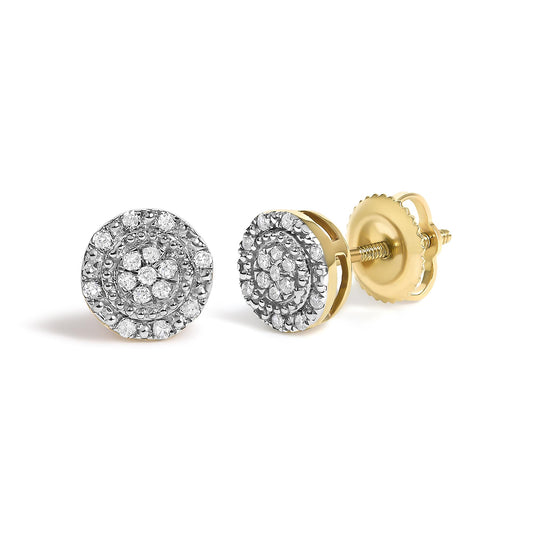 Close-up front and side view of a pair of round yellow metal stud earrings with multiple white round gemstones in prong settings arranged in concentric circles, shown on a white background.