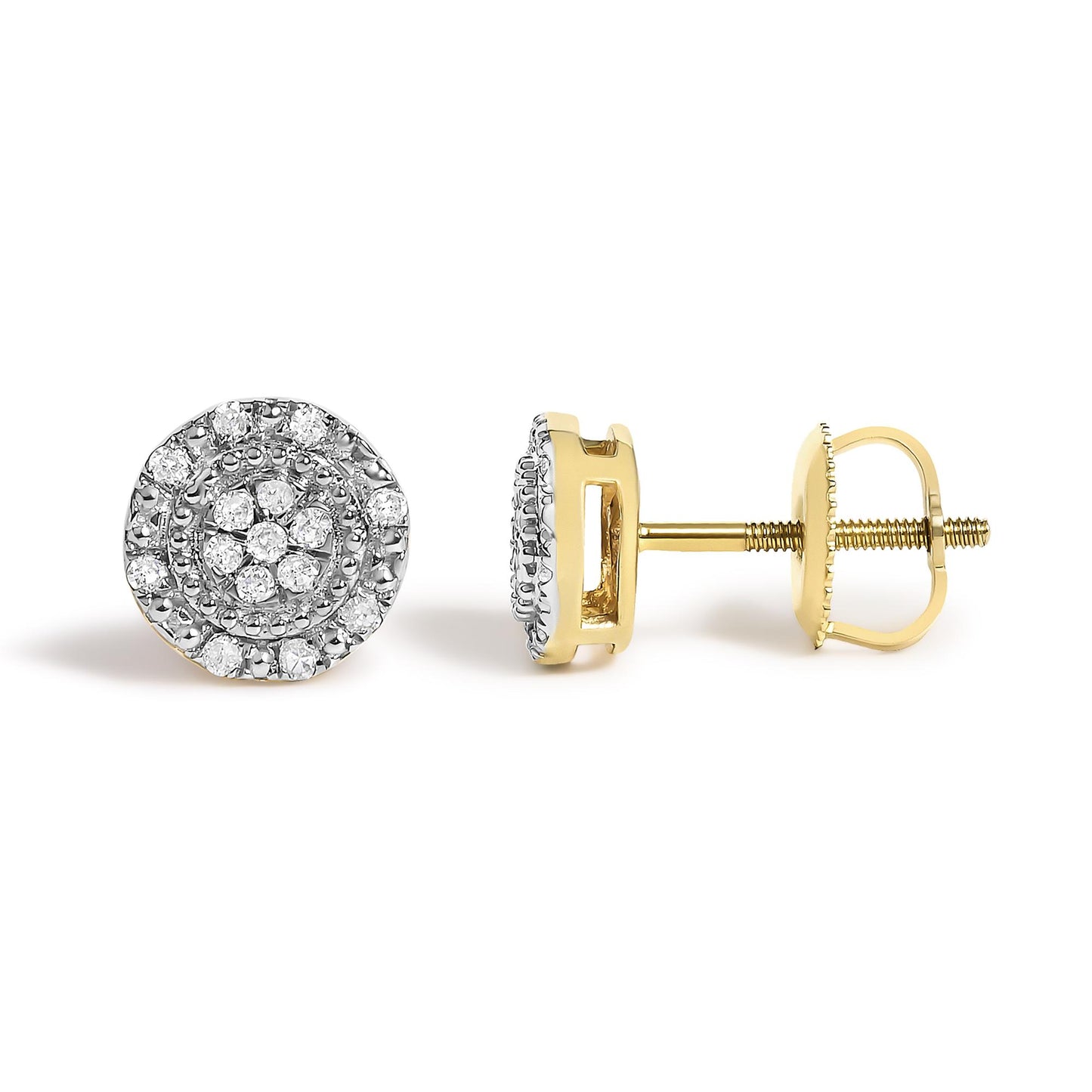 Pair of yellow metal round earrings with prong-set white gemstones in layered circular design, shown from front and side angles on a white background.