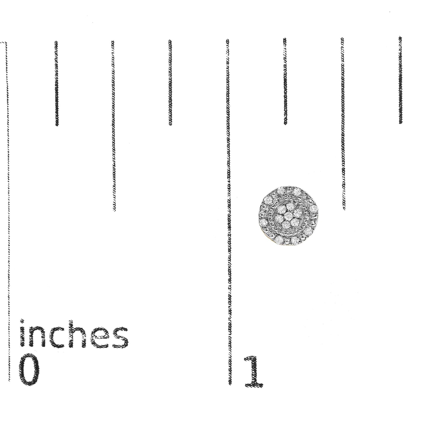 Pair of yellow metal circular earrings with round white gemstones in prong settings arranged in multiple concentric rows, shown on a measuring scale from a top-down angle.