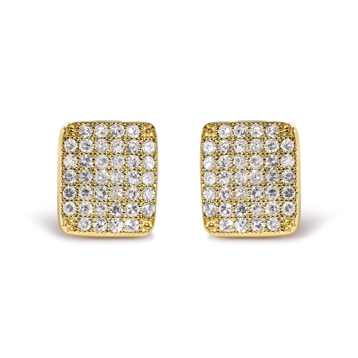 Pair of square yellow metal earrings with multiple small round white gemstones set in prongs, shown from a front-facing angle.
