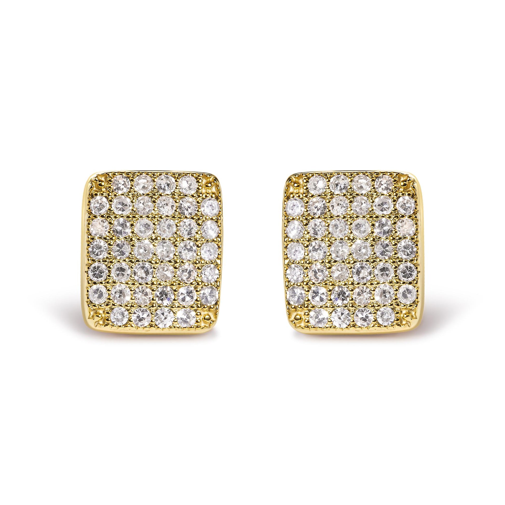 Pair of square yellow metal earrings with multiple small round white gemstones set in prongs, shown from a front-facing angle.