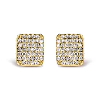 Pair of square yellow metal earrings with multiple small round white gemstones set in prongs, shown from a front-facing angle.