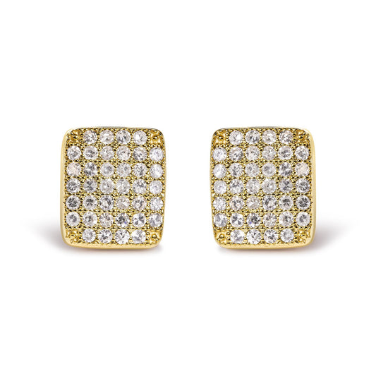 Pair of square yellow metal earrings with multiple small round white gemstones set in prongs, shown from a front-facing angle.
