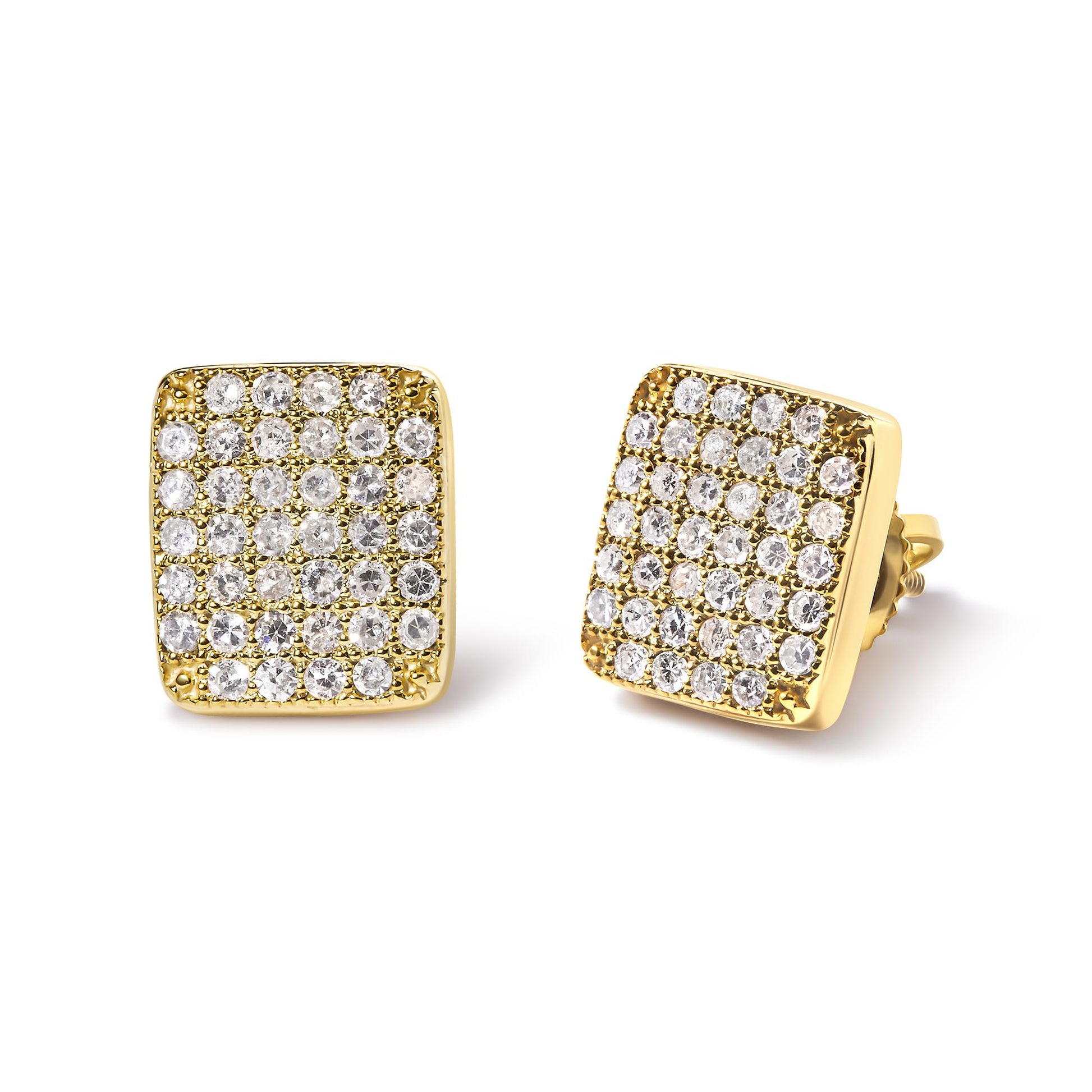 Pair of square yellow metal stud earrings with multiple round white gemstones in prong settings, shown from a front and angled side view on a white background.