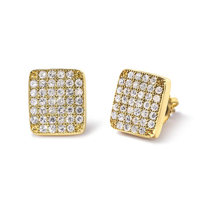 Pair of square yellow metal stud earrings with multiple round white gemstones in prong settings, shown from a front and angled side view on a white background.