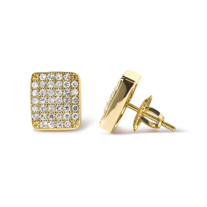 Pair of square yellow metal stud earrings with multiple round white gemstones in prong setting, shown in front and side angles on a white background.